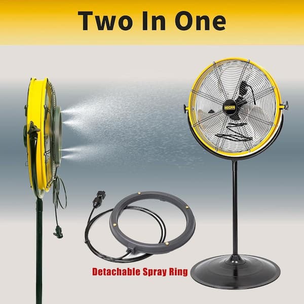 HiCFM 20 in. Yellow 4400 CFM Outdoor Misting Pedestal Fan with IP44 Motor, Mist Kit, GFCI Plug, 120° Tilt - UL Listed