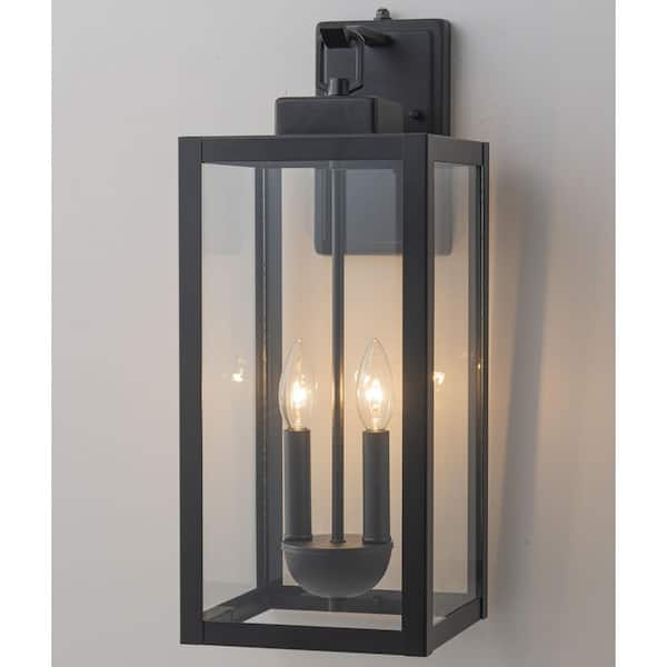 2-Light 20.25 in. Black Dusk to Dawn Outdoor Hardwired Wall Lantern Sconce with Clear Tempered Glass, No Bulbs Included