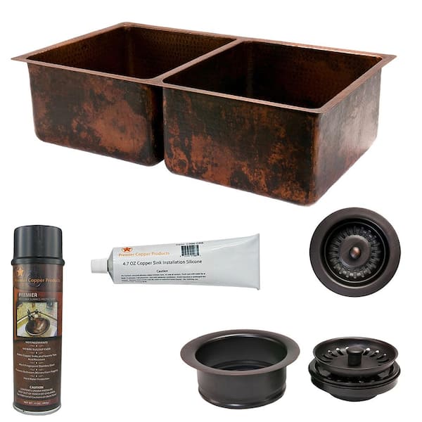 Premier Copper Products Undermount Hammered Copper 33 in. 0-Hole Double Bowl Kitchen Sink and Drain in Oil Rubbed Bronze