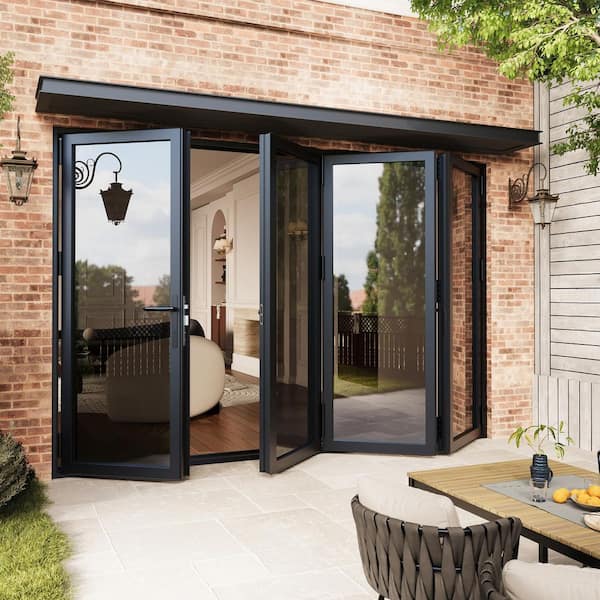 120 in. x 80 in. Right Swing/Outswing Double Tempered Glass Black Aluminum Folding Patio Door (3-Folding Plus 1-Swing)