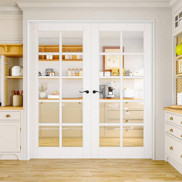 72 in. x80 in. 10-Lite Frosted Glass Universal White Solid Core Wood Double Prehung French Door Plus Quick Assemble Jamb