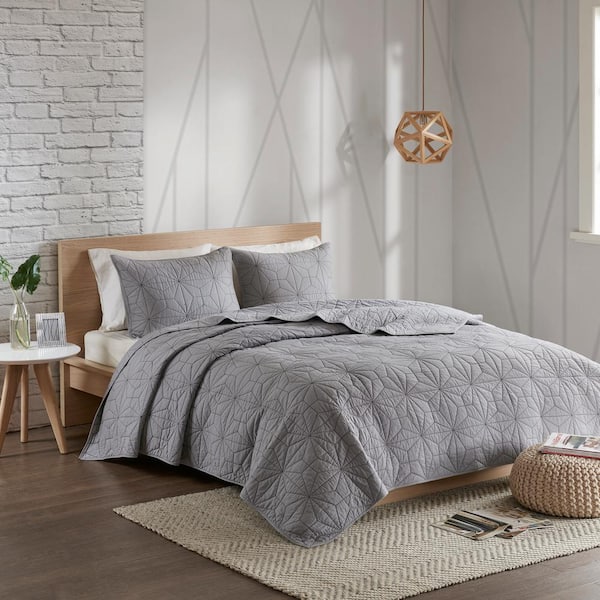 Intelligent Design Mason 3-Piece Grey Full/Queen 3-Piece Cotton Quilt Set