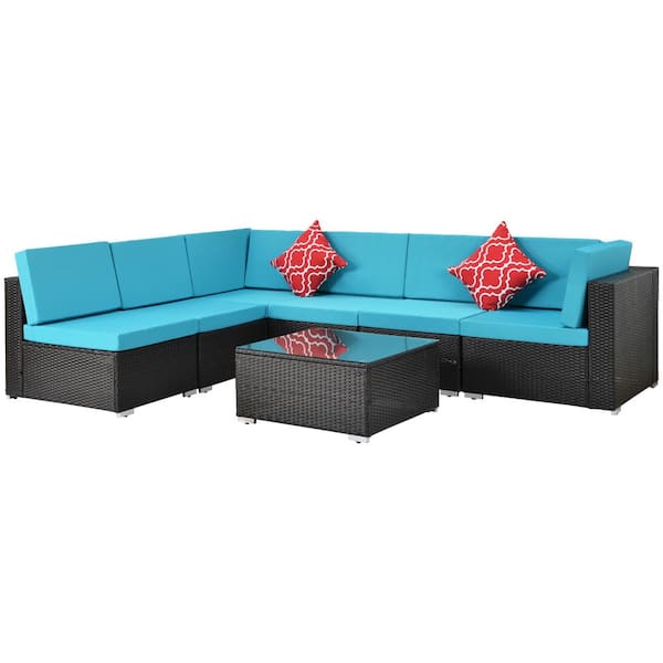 Unbranded Black 7-Piece Wicker Patio Conversation Set with Blue Cushion and Coffee Table
