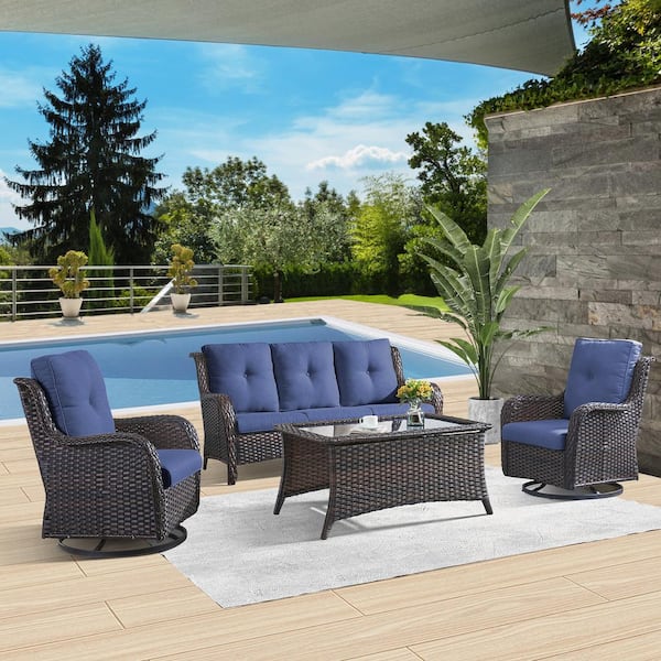 Gymojoy Carolina Brown 4-Piece Wicker Patio Conversation Set with Blue Cushions