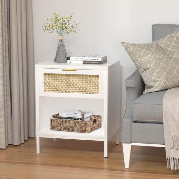 Natural Rattan 1-Drawer White Nightstand Bedroom with Open Shelf, Sofa Side Table Bedside Furniture for Small Space