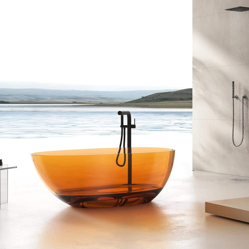 67" Amber Stone Resin Freestanding Soaking Bathtub with Chrome Drain