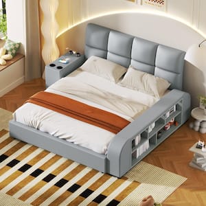 Gray Wood Frame Queen PU Upholstered Platform Bed with Multimedia Nightstand, Shelves, USB Charging, Bluetooth Speakers
