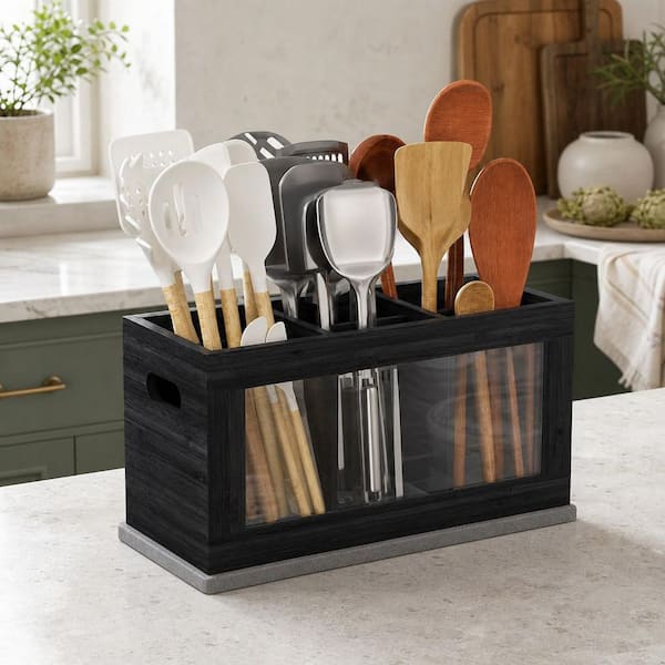 Bamboo Black Utensil Holder & Silverware Organizer with Absorbing Drying Stone and 6 Compartments for Kitchen Countertop