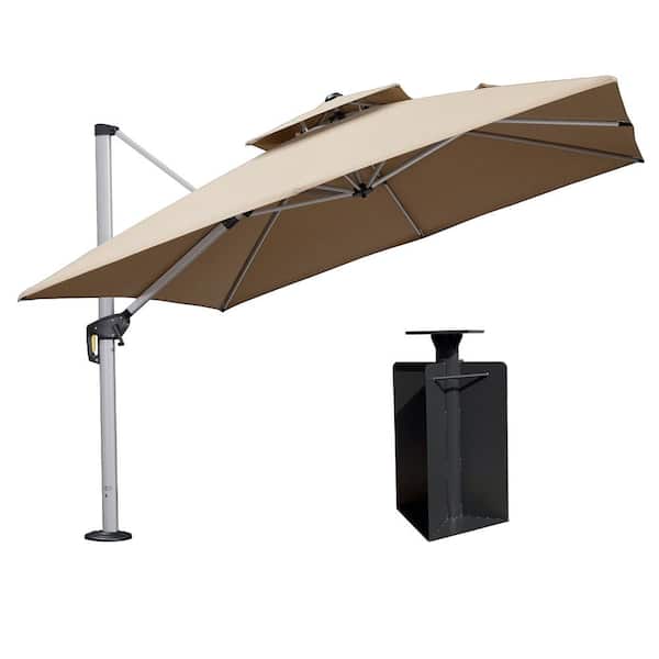 PURPLE LEAF 10 ft. Sunbrella Aluminum Square 360° Rotation Silvery Cantilever Outdoor Patio Umbrella With Base in Ground, Beige