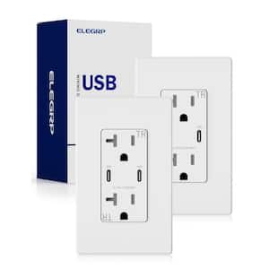 30-Watt Dual Type C USB Duplex Wall Outlet for PD and QC, 20 Amp Receptacle, w/Wall  Plate (2-Pack, White)