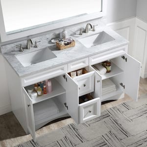 60 in. W x 22 in. D x 35.4 in. H Double Sink Solid Wood Bath Vanity in White with White Natural Marble Top and Basin