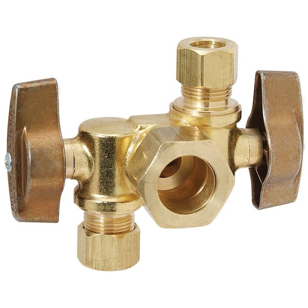 BrassCraft 1/2 in. Nominal Comp Inlet x 3/8 in. OD Comp x 3/8 in. OD Comp Dual Outlet Dual Shut-Off 1/4-Turn Angle Ball Valve