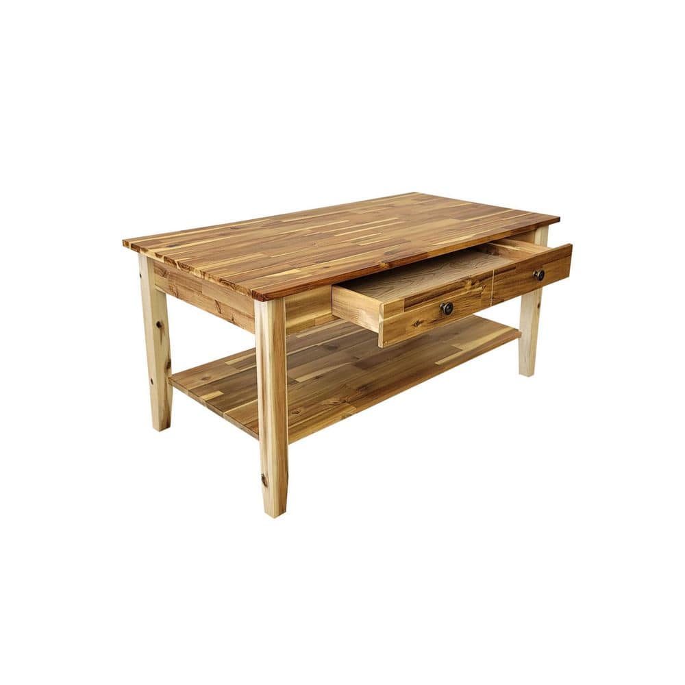 Natural Acacia Wood Rectangular Coffee Table with Drawer and Shelf