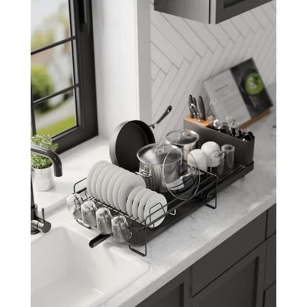 食器水切りラック　Rustic finish Dish Rack Black Extendable Multifunctional Dish Rack with Cutlery and Cup