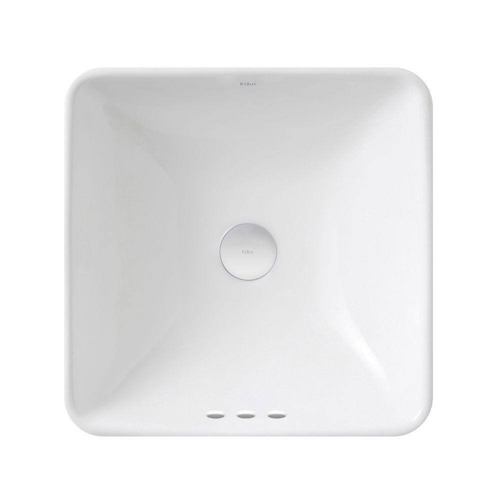 White Ceramic Square Semi-Recessed Vessel Sink with Overflow