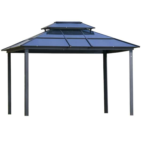 Zeus & Ruta 10 ft. x 12 ft. Gray Aluminum Hardtop Gazebo with Polycarbonate Double Roof, Netting and Curtains for Patio, Deck
