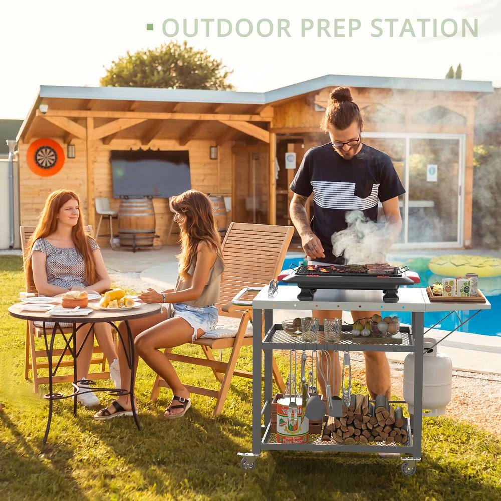 Gray Stainless Steel 3-Tier Foldable Outdoor Grill Cart