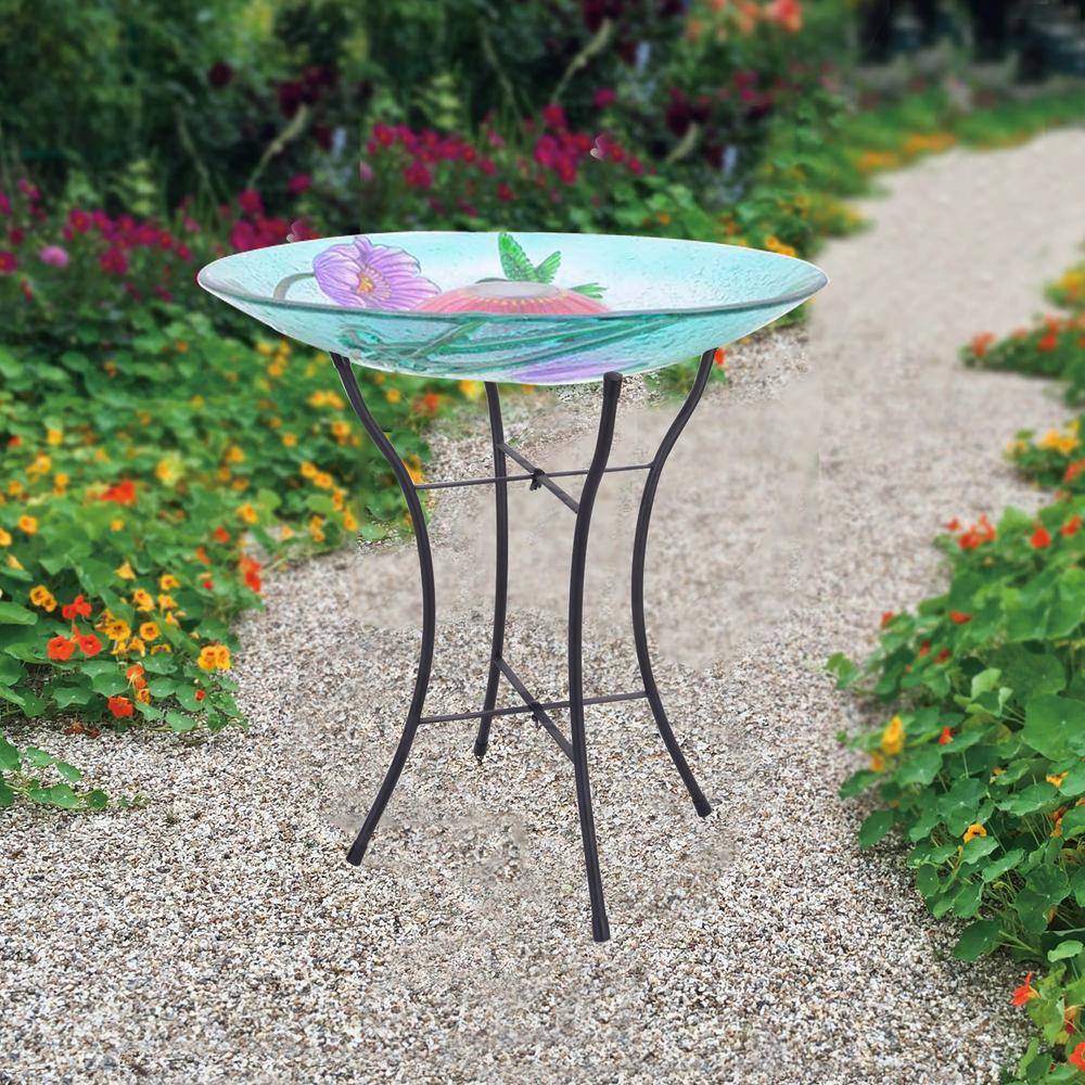 18" Multicolor Glass Hummingbird Solar Bird Bath with Stand