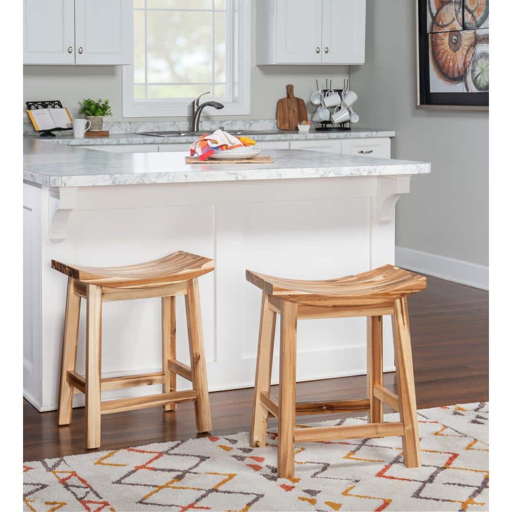 Classic Acacia Wood Saddle Counter Stool in Natural Brown