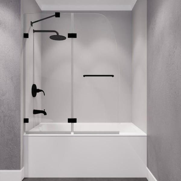 ANZZI Pacific 48 in. W x 58 in. H Pivot Frameless Bathtub Door in Matte Black with Clear Glass