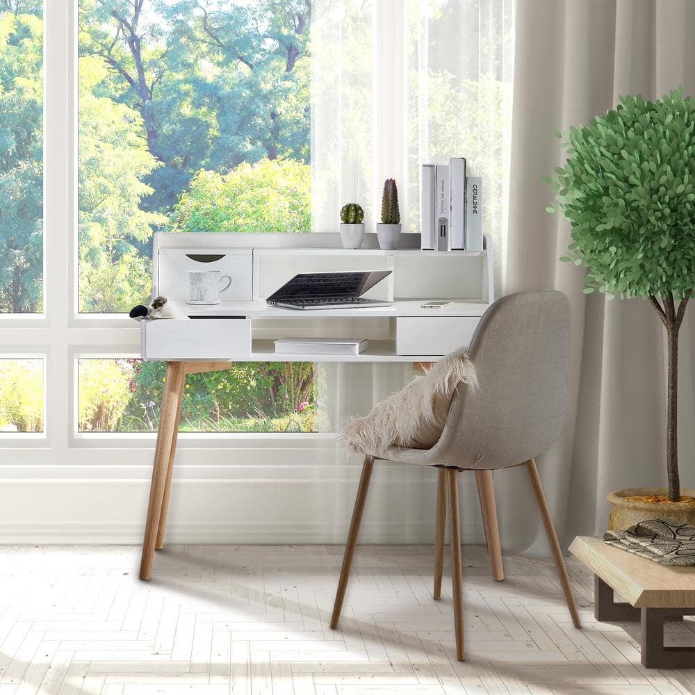 Modern White/Natural Wood Writing Desk with Hutch and Drawers