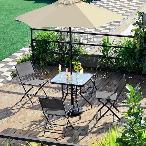 Outdoor Texteline Folding Dining Chairs with Backrests, All-Weather Chairs for Backyard/ Garden, Set of 4, Dark Gray