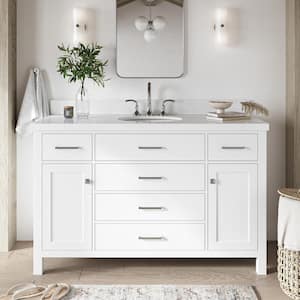 Bristol 55 in. W x 22 in. D x 36 in. H Freestanding Bath Vanity in White with Pure White Quartz Top