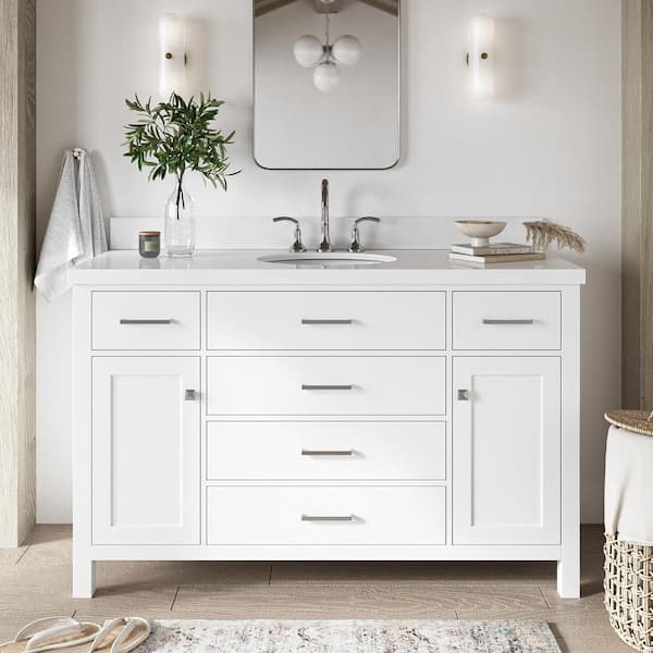Bristol 55 in. W x 22 in. D x 36 in. H Freestanding Bath Vanity in White with Pure White Quartz Top