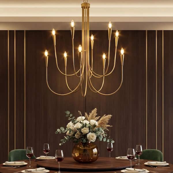 35.8 in. 10-Light Brass Gold Modern Candle Chandelier, 2-Tier Metal Hanging Chandelier for Living Room, Kitchen Island