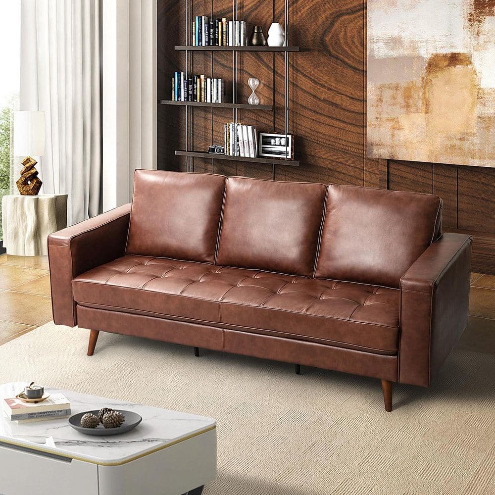 JAYDEN CREATION Agamemnon 82 in. Brown Genuine Leather Straight Sofa ...