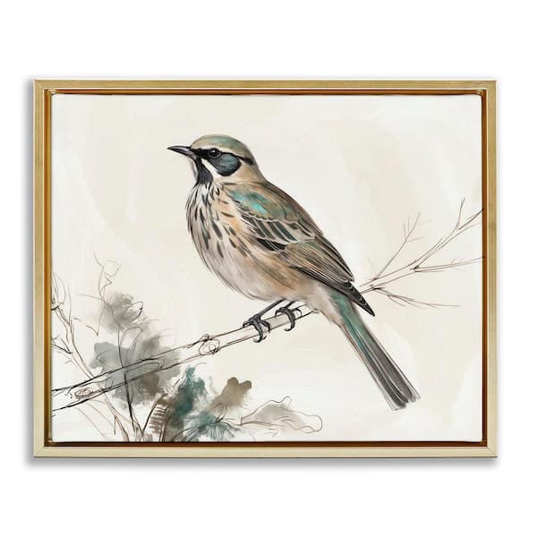 Stupell Industries Perched Bird Illustration by LSR Creative Studio Gold Floater Frame Animal Graphic Art Print 17 in. x 21 in.