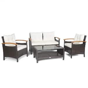 4-Piece Patio Rattan Furniture Set with Cushioned Sofa and Storage Table-White