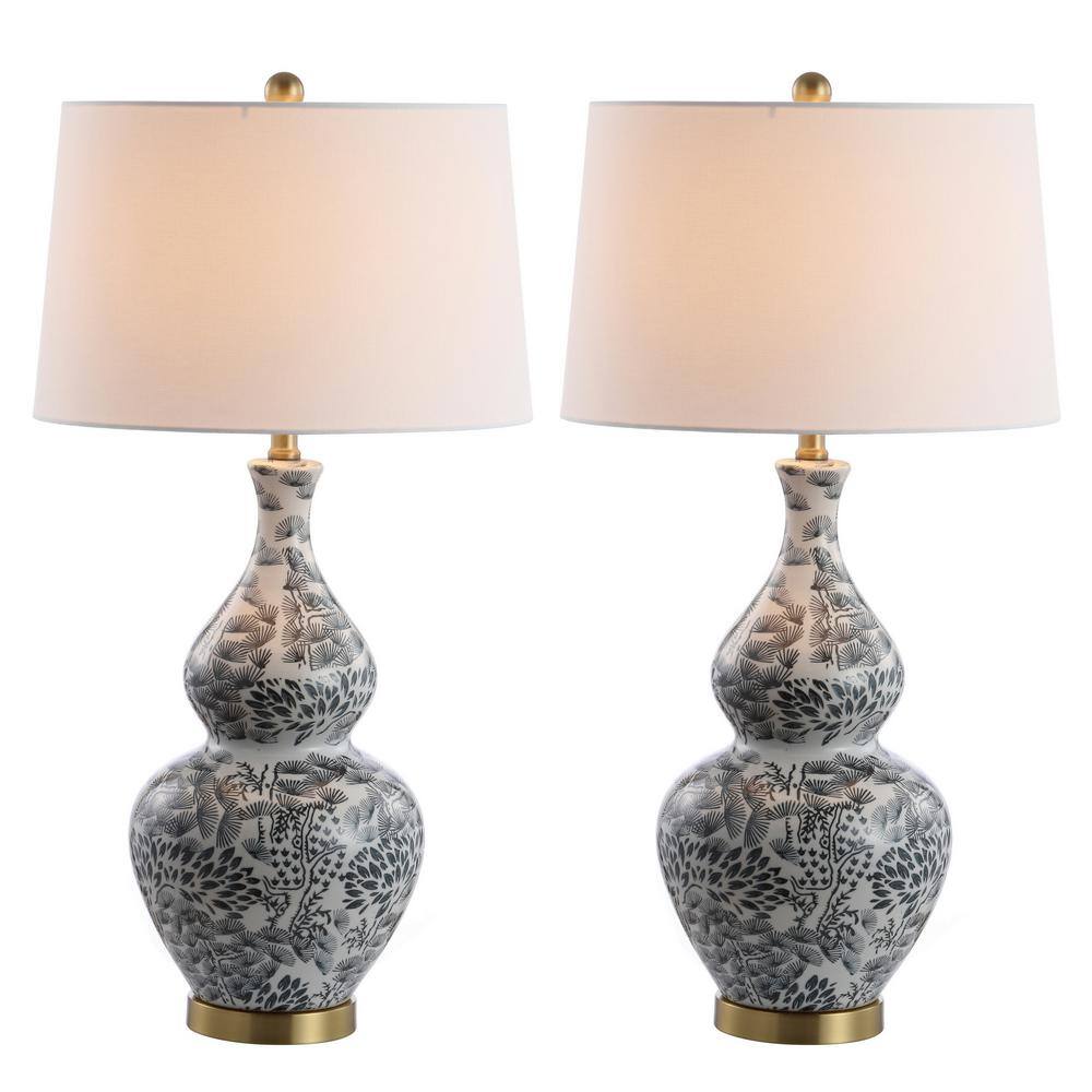 Exotic Floral Black & White Ceramic Table Lamp Set with Brass Accents