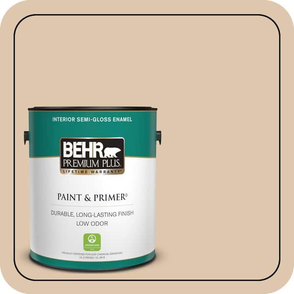 BEHR PREMIUM PLUS 1 gal. #N260-2 Almond Latte Semi-Gloss Enamel Low Odor Interior Paint & Primer