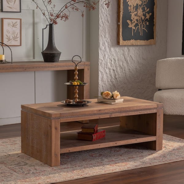 47 in. Brown Rectangle Solid Wood Coffee Table with Storage Shelf, Farmhouse 2-Tier Living Room Table, Easy Assembly