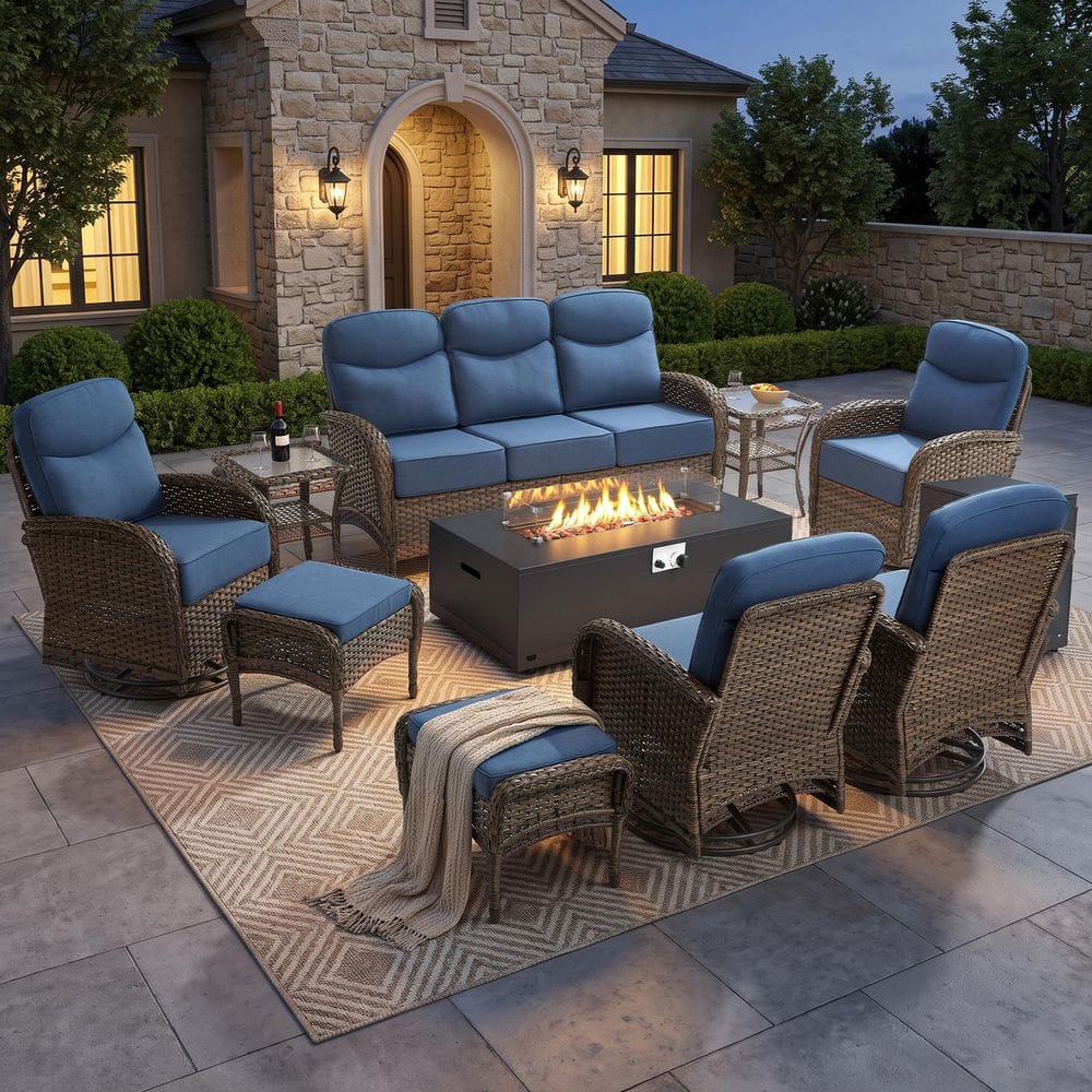Goyal Brown 10-Piece Wicker Patio Fire Pit Conversation Sofa Set Outdoor Swivel Glider Chairs with 6 in. Blue Cushions price history on PriceWatchPro