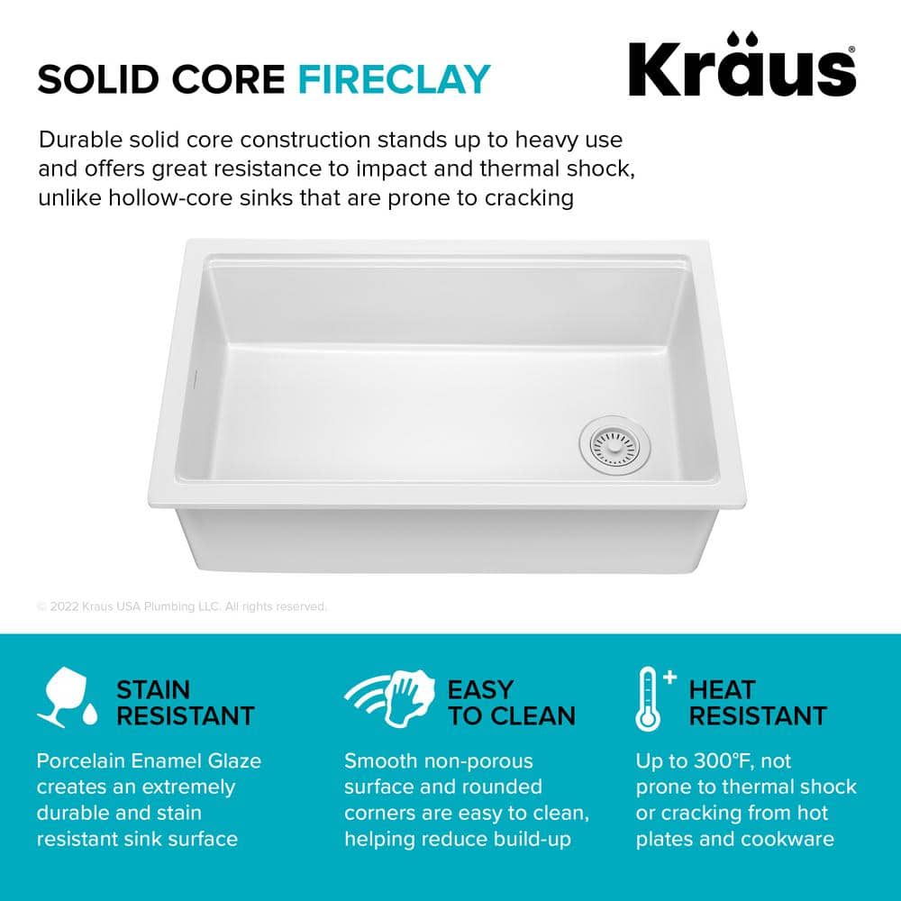 Gloss White Fireclay 33 Inch Single Bowl Drop-In Kitchen Sink