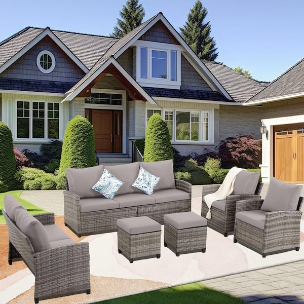 Unbranded Grey 5-Piece Wicker Patio Outdoor Sectional Sofa Set with Grey Cushions, 1 Triple Chair, 2 Ottomans and Single Chairs