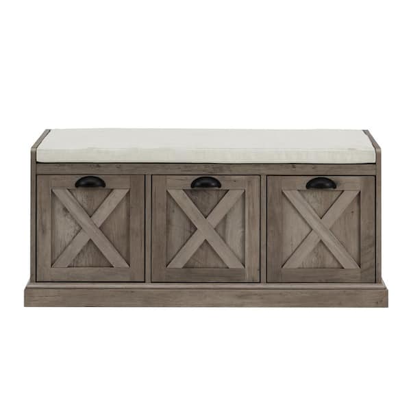 Welwick Designs 39 In. W. Grey Wash And Oatmeal Wood Storage Bench With ...