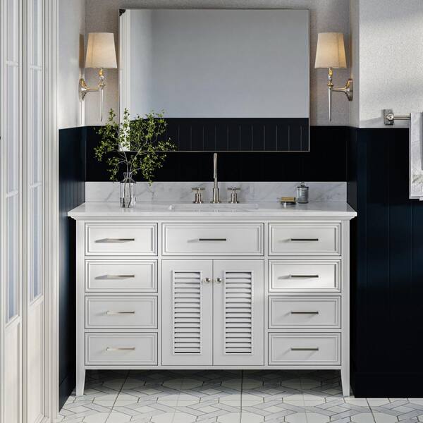 ARIEL Kensington 55 in. W x 22 in. D x 35.25 in. H Freestanding Bath Single Sink Vanity in White with White Marble Top