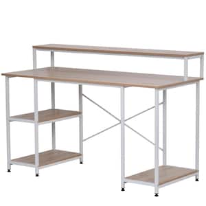 55 in. White Writing Computer Desk with 2-Tier Surface and Side Storage Shelves