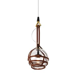 Bari 8.9-Watt Integrated LED Antique Brass Pendant with 6.5 in. Glass Shade and Faux Leather Straps