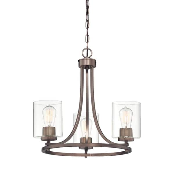 Designers Fountain Liam 3-Light Satin Copper Bronze Contemporary Chandelier with Clear Glass Shades For Dining Rooms