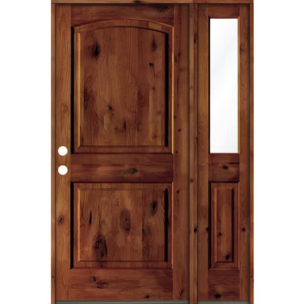 Krosswood Doors 44 in. x 80 in. Knotty Alder 2 Panel Right-Hand/Inswing Clear Glass Red Chestnut Stain Wood Prehung Front Door