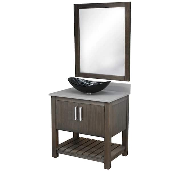 Novatto Ocean Breeze 31 in. W x 22 in. D x 31 in. H 1 BlackSilver Sink CH Bath Vanity in Cafe with Smoke Grey Quartz Top +Mirror