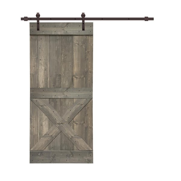 CALHOME Mini X Series 36 in. x 84 in. Solid Weather Gray Stained Pine Wood Interior Sliding Barn Door with Hardware Kit