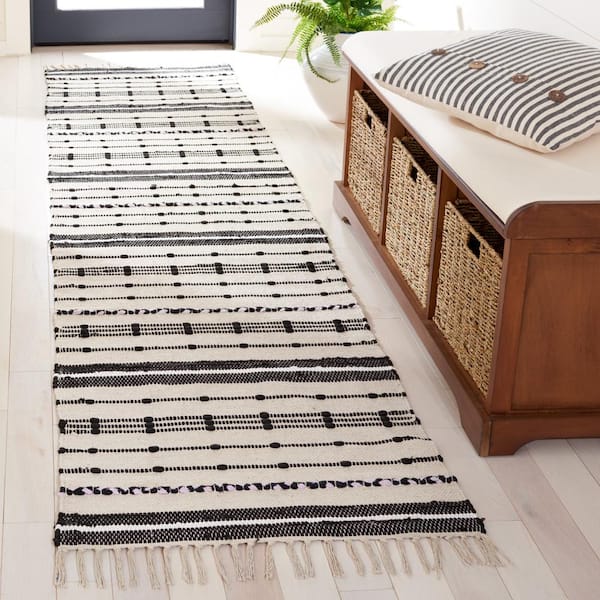 Striped Kilim Beige Black 2 ft. x 9 ft. Striped Runner Rug