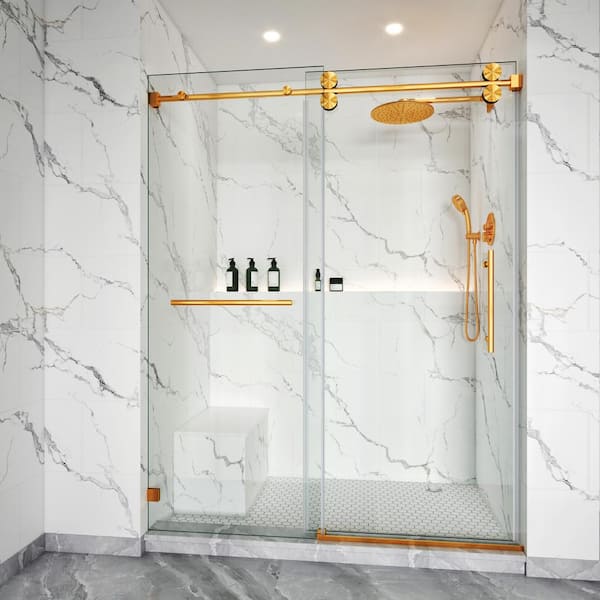 56-60 in. W x 79 in. H Single Sliding Frameless Shower Door Brushed Gold 3/8 in. Clear Glass with Towel Bar