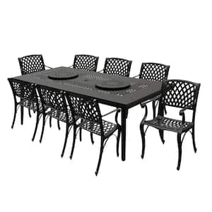 Black 9-Piece Aluminum Rectangular Mesh Outdoor Dining Set with 8-Chairs and 2 Lazy Susans