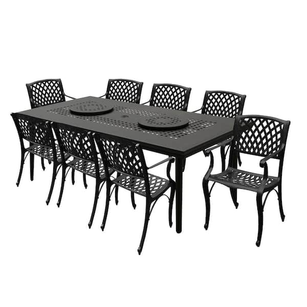 Oakland Living Black 9-Piece Aluminum Rectangular Mesh Outdoor Dining Set with 8-Chairs and 2 Lazy Susans